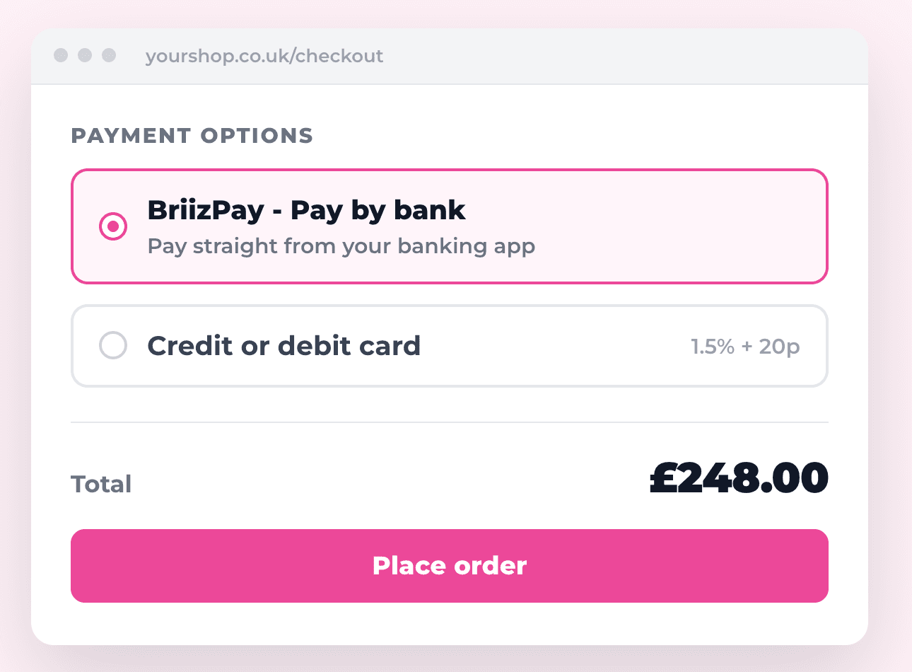 A WooCommerce checkout with BriizPay pay by bank offered next to the card option